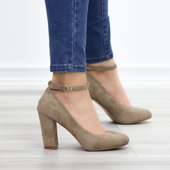 Taupe Ankle Strap Vintage Style Block Heels - Picture 2 of 14